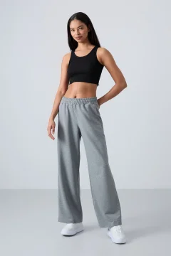 Grey Melange High Waisted Pocketed Comfortable Form Wide Leg Women's Tracksuit Bottom - 94567 - Фото 1