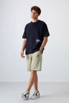 Navy Blue Cotton Thick Soft Textured Oversize Fit Printed Men's T-Shirt - 88322 - Фото 2