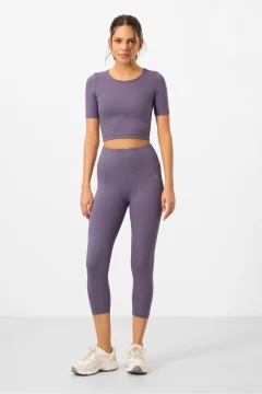 High Waist Lilac Capri-Crop T-Shirt and Slim Fit Women's Tights Set - 95285 - Фото 1