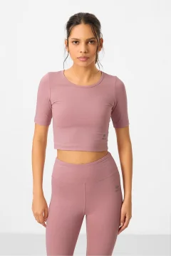 طقم نسائي رياضي من بلوزة قصيرة وبنطال ضيق بقصة ضيقة باللون الوردي - Фото 5
