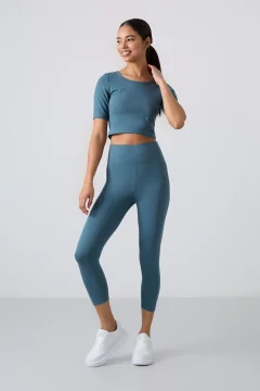 Forest Green Slim Fit Capri and Crop T-Shirt - High Waist Women's Tights Set - 95285 - Фото 1