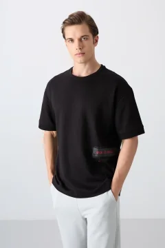 Black Cotton Thick Soft Textured Oversize Fit Printed Men's T-Shirt - 88322 - Фото 1