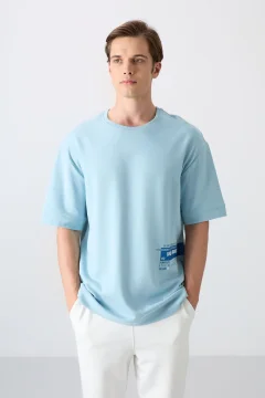 Light Blue Cotton Thick Soft Textured Oversize Fit Printed Men's T-Shirt - 88322 - Фото 1
