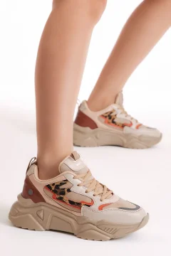 Women's Beige Poly Sole Side Stripe Detailed High Sole Sneaker - Фото 1