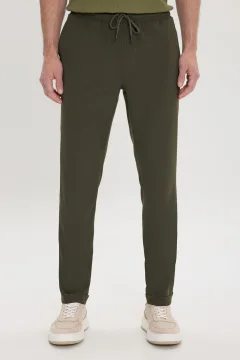 Men's Khaki Slim Fit Joggers with Side Pockets - Фото 1