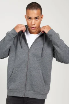 سويت شيرت بغطاء للرأس وسحاب للرجال باللون الرمادي - Фото 5