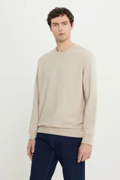 Men's Beige Crew Neck Sweatshirt - Фото 1