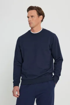 Men's Dark Blue Crew Neck Sweatshirt - Фото 1