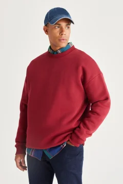 سويت شيرت رجالي كبير الحجم من الصوف باللون العنابي - Фото 4