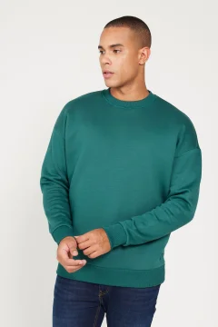 Men's Dark Green Oversized Cotton Sweatshirt - Фото 1