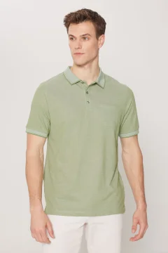 Men's Green Polo Collar Pocket T-Shirt - Фото 1