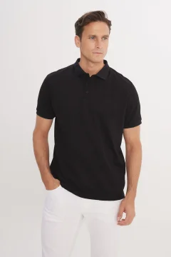 Men's Dark Black Polo Neck T-Shirt - Фото 1