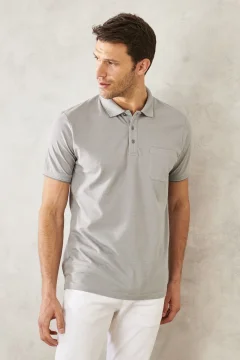 Men's gray polo collar t-shirt with pocket - Фото 1