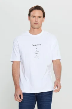 Men's Off-White Long Fit Slim Fit Crew Neck T-Shirt - Фото 1