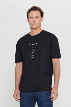 Men's Dark Black Slim Fit Crew Neck T-Shirt - Фото 1