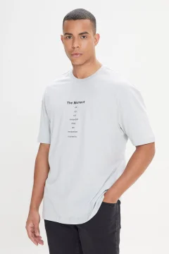 Men's Gray Cloud Pattern - Long Fit Crew Neck 100% Cotton T-Shirt - Фото 1