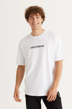 Men's White Long Crew Neck T-Shirt - Фото 1