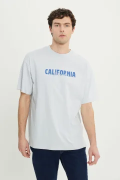 Men's Grey-Blue Oversized Loose Fit Crew Neck T-Shirt - Фото 1