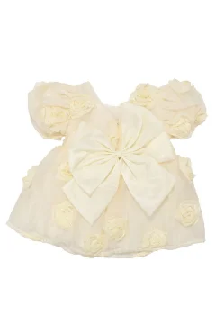 Girl's Yellow Rose Motif Dress with Bow on the Back - Фото 1