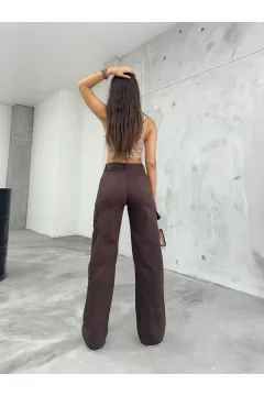 بنطلون ليكرا بجيب كارجو بني عالي الخصر وواسع الساق - Фото 3