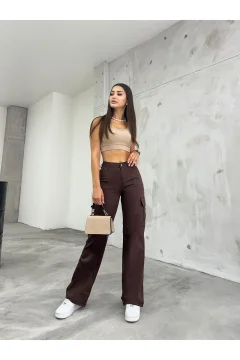 بنطلون ليكرا بجيب كارجو بني عالي الخصر وواسع الساق - Фото 4