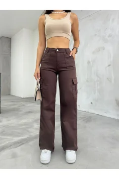 بنطلون ليكرا بجيب كارجو بني عالي الخصر وواسع الساق - Фото 7
