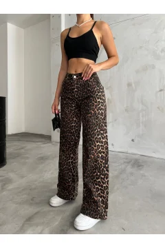 بنطلون نسائي من الليكرا بخصر عالٍ وواسع الساق بطبعة جلد الفهد - Фото 3