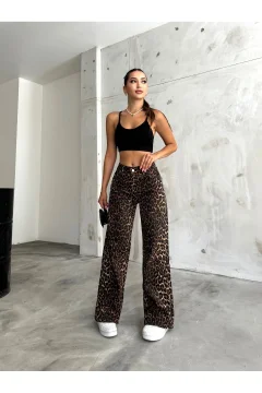 بنطلون نسائي من الليكرا بخصر عالٍ وواسع الساق بطبعة جلد الفهد - Фото 9