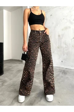بنطلون نسائي من الليكرا بخصر عالٍ وواسع الساق بطبعة جلد الفهد - Фото 2