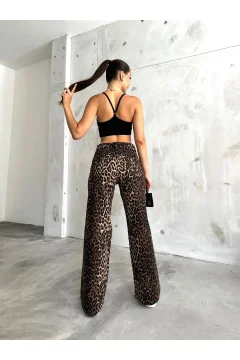 بنطلون نسائي من الليكرا بخصر عالٍ وواسع الساق بطبعة جلد الفهد - Фото 4