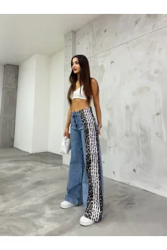 بنطال جينز نسائي عالي الخصر بطبعة جلد الفهد باللون الأزرق - Фото 9