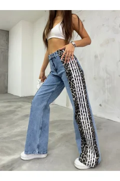 بنطال جينز نسائي عالي الخصر بطبعة جلد الفهد باللون الأزرق - Фото 2