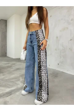 Women's High Waist Blue Leopard Pattern Wide Leg Jeans with Side Stripes - Фото 1
