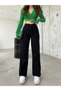 بنطال عالي الخصر أسود واسع الساق للنساء - Фото 2