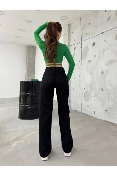 بنطال عالي الخصر أسود واسع الساق للنساء - Фото 3