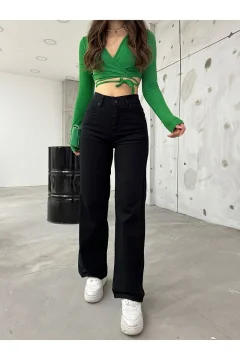 بنطال عالي الخصر أسود واسع الساق للنساء - Фото 7