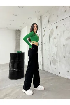 بنطال عالي الخصر أسود واسع الساق للنساء - Фото 8