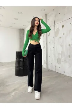 بنطال عالي الخصر أسود واسع الساق للنساء - Фото 5