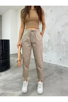 بنطلون نسائي من الليكرا عالي الخصر باللون البيج - Фото 6