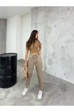 بنطلون نسائي من الليكرا عالي الخصر باللون البيج - Фото 4