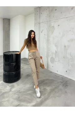 بنطلون نسائي من الليكرا عالي الخصر باللون البيج - Фото 5