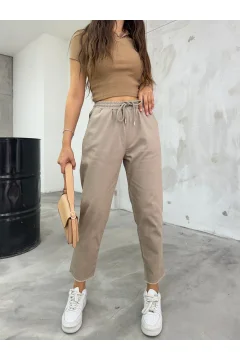 Women's high-waisted beige lycra pants - Фото 1