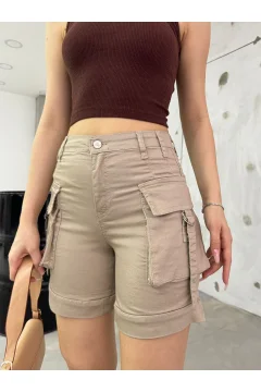 Women's Beige High Waist Shorts with Cargo Pocket - Фото 1