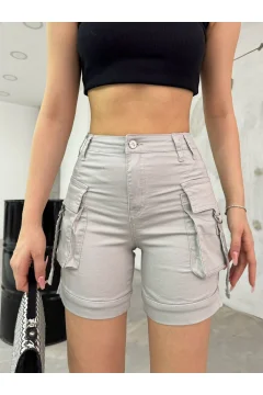 شورت نسائي انيق عالي الخصر مع جيوب كارجو باللون الرمادي - Фото 3