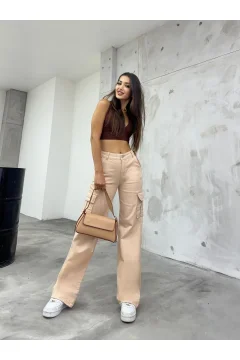 بنطال نسائي كريم اللون ذو ساق واسعة - Фото 9