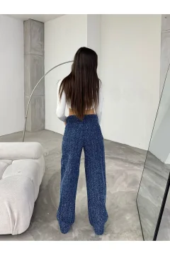 بنطال نسائي بتصميم خاص واسع الساق باللون الأزرق - Фото 3