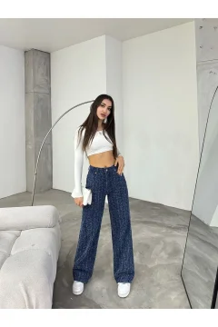 بنطال نسائي بتصميم خاص واسع الساق باللون الأزرق - Фото 4