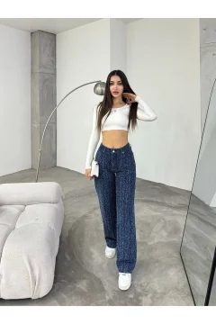 بنطال نسائي بتصميم خاص واسع الساق باللون الأزرق - Фото 7