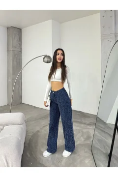 بنطال نسائي بتصميم خاص واسع الساق باللون الأزرق - Фото 8