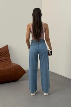 بنطال جينز أزرق عالي الخصر وواسع الساق للنساء - Фото 9